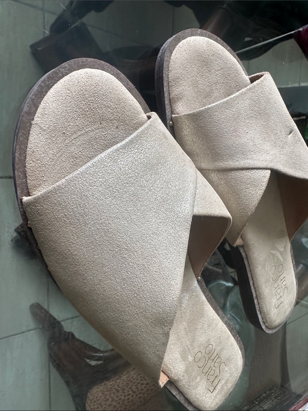 Franco Sarto Women's Light Taupe Suede Slide Sandals
